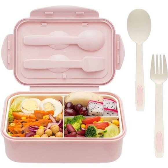 Bento Lunch Box 3 Compartment Meal Prep Container with Fork Spoon BPA Free - Picture 1 of 7